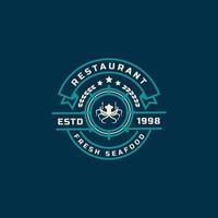 vintage retro-abzeichen meeresfrüchte fischmarkt und restaurant emblem vorlage silhouetten typografie logo design vektor