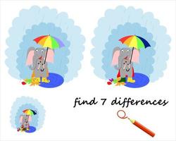 hitta skillnaden, en tecknad elefant står under ett paraply. ett spel för barn vektor