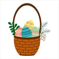 Vektorillustration eines Korbes mit farbigen Eiern und Zweigen von Pflanzen, die auf einem weißen Hintergrund isoliert sind. orientalisches traditionelles Symbol und Gestaltungselement. süßes Bild mit einem Frühlingssymbol.. vektor