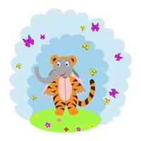 söt tecknad elefant klädd i en tigerdräkt står i en glänta med blommor, fjärilar flyger. begreppet animatör vektor