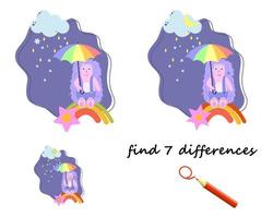 Finden Sie die Unterschiede, Cartoon-Igel mit Regenschirm. vektor