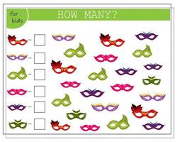 Mathe-Spiel für Kinder zählen, wie viele von ihnen. Maskerade Masken. vektor