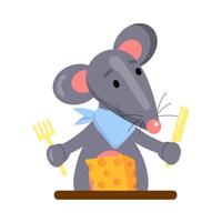 Cartoon-Vektor-Illustration für Kinder, eine Maus isst Käse. vektor