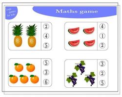 Mathespiel für Kinder, Zähle wie viele Gegenstände, Mangofrucht, vektor