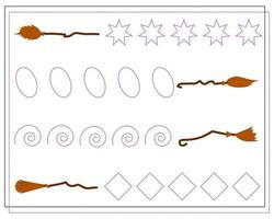 Handschrift-Trainingsspiel für Kinder, Punkt zu Punkt, Hexenbesen vektor