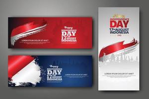 indonesischer unabhängigkeitstag feier banner set. 17. august glückwünsche grußvektorillustration. moderne hintergründe mit indonesischer flagge im grunge-stil und silhouettenikonenstadt von indonesien vektor