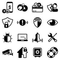 satz einfacher symbole zu einem thema sicherheit, kreditkarte, versicherung, internet, überwachung, zuhause, benachrichtigung, vektor, flach, zeichen, web, symbol, objekt. schwarze Symbole vor weißem Hintergrund isoliert vektor