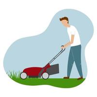 man klipper gräs i trädgården. trädgårdsmästare klipper gräsmatta med elektrisk push-klippare på bakgården. vektor