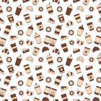 Vektornahtloses Muster von Tassen Kaffee, Getränken, Kuchen, Croissants und Donuts. illustration zum thema essen, kaffee und süßigkeiten. abstrakter hintergrund von symbolen von tassen kaffee, dessert, backen vektor