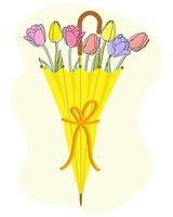 vårillustration, färgglada tulpaner i ett gult paraply. begreppet början av våren. vykort, affisch, ikon