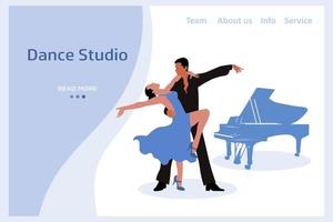 tanzstudiobanner, paar tänzer und klavier, blaue farben. Frau und Mann tanzen Tango. Abbildung, Vektor