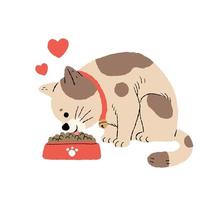 brun katt äter mat med kärlek och glad vektor