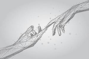 Mänskliga händer med låg poly wireframe som rör vid fingrarna