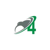 Nummer 4 mit Kiwi-Vogel-Logo-Icon-Design-Vektor vektor