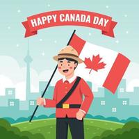 glückliche kanada-tagesfeier mit charakter, der flagge hält vektor