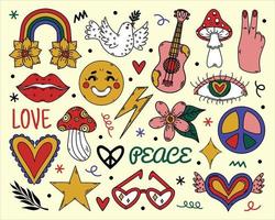 Vintage Groove-Elemente der 70er Jahre, süße Hippie-Symbole. Cartoon-Aufkleber - Regenbogen, Blumen, Pilze, Herzen, Gitarre, Taube. helle flache zeichen von frieden, liebe, freundschaft. Vektorsymbole gesetzt, Retro-Doodles vektor