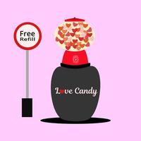 Nahaufnahme von Valentines Candy Hearts auf einem Süßwarenautomaten. frei, so viel zu nehmen. lila Hintergrund. vektor