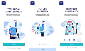 Sammlung von Designvorlagen für mobile Apps für technische Online-Wartung, Pflege, Chatbot-Unterstützung, Servicesystem. modernes Vektorillustrationskonzept für die Entwicklung mobiler Apps. vektor