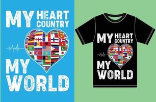 mitt hjärta, mitt land, min värld. världen flagga t-shirt design vektor