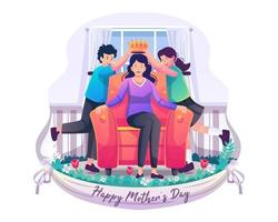 zwei kinder, sohn und tochter, setzen ihrer mutter, die auf dem sofa sitzt, eine krone auf. schönen Muttertag. flache Vektorillustration vektor