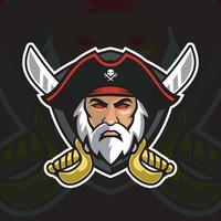 Piratenkopf mit Schwert und Schild-Vektor-Logo-Vorlage vektor