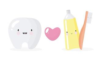 Poster über Zahnhygiene im Cartoon-Stil. die abbildung zeigt lustige zahn, zahnpasta und zahnbürste. Zahnkonzept für Kinderzahnheilkunde und Kieferorthopädie. Vektor-Illustration.