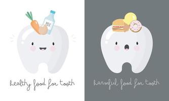 Poster über Zahnhygiene im Cartoon-Stil. Die Abbildung zeigt lustige Zähne mit gesundem Essen und schädlichem Essen. Zahnkonzept für Kinderzahnheilkunde und Kieferorthopädie. Vektor-Illustration. vektor