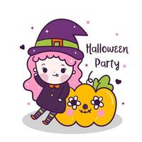 Kawaii Halloween Mädchen mit Kürbis Cartoon, hübsche Kinder Süßes oder Saures für Urlaub, Kostüm vektor