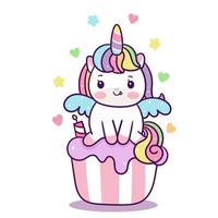 Kawaii kleine Kuchen, die feenhaftes Karikaturponykind des Einhorns übersteigen vektor