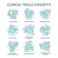 klinische studien türkisfarbene konzeptsymbole gesetzt. Gesundheitsstudium. wissenschaft medizinische forschungsidee dünne linie farbillustrationen. isolierte Symbole. editierbarer Strich. Roboto-Medium, unzählige pro-fette Schriftarten verwendet vektor