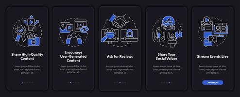 Bauen Sie Vertrauen in den Social-Media-Nachtmodus beim Onboarding des mobilen App-Bildschirms auf. Öffnen Sie Walkthrough 5 Schritte grafische Anleitungsseiten mit linearen Konzepten. ui, ux, gui-Vorlage. Unzählige pro-fette, normale Schriftarten werden verwendet vektor