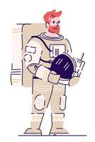 halbflache rgb-farbvektorillustration des reifen astronauten. rothaariger männlicher kosmonaut, der helm lokalisierte zeichentrickfigur auf weißem hintergrund hält vektor