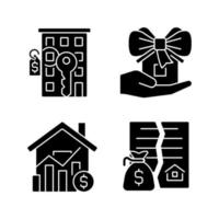 Immobilienmarkt schwarze Glyphen-Symbole auf weißem Raum gesetzt. Immobilienverkauf. Wohnungskauf. Spende nach Hause. Immobilienpreis. Silhouettensymbole. Solide Piktogrammpackung. vektor isolierte illustration