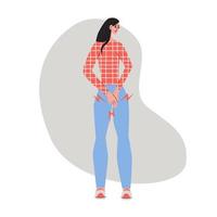 junge Frau in Blue Jeans und rotem Pullover, die an Hämorrhoiden leidet