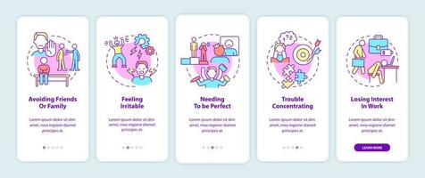 arbetsplatsångest onboarding mobilappskärm. stress på jobbet genomgång 5 steg grafiska instruktioner sidor med linjära koncept. ui, ux, gui mall. otaliga pro-fet, vanliga typsnitt som används vektor