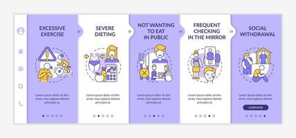 anorexi känslomässiga och beteendemässiga symptom lila och vit onboarding mall. responsiv mobilwebbplats med linjära konceptikoner. webbsida genomgång 5 steg skärmar. lato-fet, vanliga typsnitt som används vektor