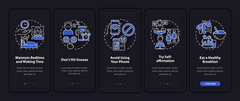 Aufbau der Morgenroutine Nachtmodus beim Onboarding des Bildschirms der mobilen App. Ideen Komplettlösung 5 Schritte Grafische Anleitungsseiten mit linearen Konzepten. ui, ux, gui-Vorlage. Unzählige pro-fette, normale Schriftarten werden verwendet vektor