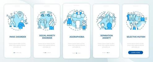 arten von angststörungen blauer onboarding-bildschirm der mobilen app. Krankheit Walkthrough 5 Schritte grafische Anleitungsseiten mit linearen Konzepten. ui, ux, gui-Vorlage. Unzählige pro-fette, normale Schriftarten werden verwendet vektor