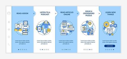 morgenroutine ideen blau-weiße onboarding-vorlage. gesunder Lebensstil. Responsive mobile Website mit linearen Konzeptsymbolen. Webseiten-Komplettlösung 5-Schritt-Bildschirme. lato-fett, normale Schriftarten verwendet vektor