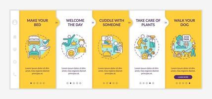 vardagsrutintips gul onboarding-mall. fritid och livsstil. responsiv mobilwebbplats med linjära konceptikoner. webbsida genomgång skärmar i 5 steg. lato-fet, vanliga typsnitt som används vektor