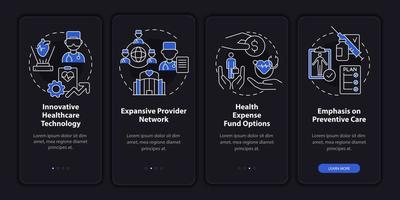 mitarbeitervergünstigungen nachtthema beim onboarding des mobilen app-bildschirms. Komplettlösung für Versicherungen 4-stufige grafische Anleitungsseiten mit linearem Konzept. ui, ux, gui-Vorlage. Unzählige pro-fette, normale Schriftarten werden verwendet vektor