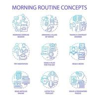 Symbole für das blaue Verlaufskonzept der Morgenroutine festgelegt. alltägliche Rituale für Produktivitätsideen dünne Farbillustrationen. isolierte Umrisszeichnungen. Roboto-Medium, unzählige pro-fette Schriftarten verwendet vektor