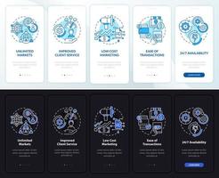 affärsfördelar online med mobilapps sidskärm. låga kostnader genomgång 5 steg grafiska instruktioner med koncept. ui, ux, gui vektormall med linjära natt- och daglägesillustrationer vektor