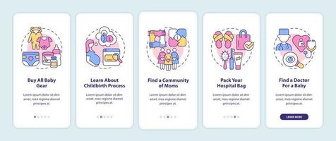 förbereder för baby onboarding mobil app sidskärm. köpa all babyutrustning genomgång 5 steg grafiska instruktioner med koncept. ui, ux, gui vektormall med linjära färgillustrationer vektor