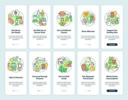 schwangerschaftspflege onboarding mobile app bildschirm eingestellt. Zuneigung und Unterstützung zeigen Komplettlösung 5 Schritte grafische Anweisungen mit Konzepten. ui, ux, gui-vektorvorlage mit linearen farbillustrationen vektor