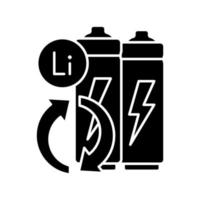 batteri metall återvinning svart glyfikon. förhindra litiumförbrukning. återanvända resurser från ackumulatorer. miljövänlig teknik. siluett symbol på vitt utrymme. vektor isolerade illustration