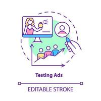 Symbol für das Testen des Anzeigenkonzepts. Verkauf steigern. Markenpublikumspräferenzanalyse. Werbung Optimierung abstrakte Idee dünne Linie Abbildung. Vektor isolierte Umrissfarbe Zeichnung. editierbarer Strich