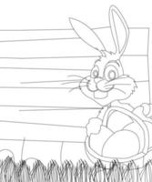 Osterhasen-Zeichentrickfigur in Schwarz-Weiß-Umriss. osterkaninchen zum ausmalen, süßes kleines kaninchen, das schöne weihnachtsgeschenke mit hellen und bunten farben und einer kunst färbt vektor