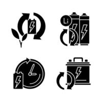 Öko-Batterieentsorgung schwarze Glyphen-Symbole auf weißem Raum. umweltfreundliche Wiederverwendung. Elektroschrott recyceln. Lebensdauer des Akkus. Silhouettensymbole. vektor isolierte illustration