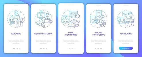 metoder för övervakning av anställda på mobilappsidans skärm. arbete genomgång 5 steg grafiska instruktioner med koncept. ui, ux, gui vektormall med linjära färgillustrationer vektor